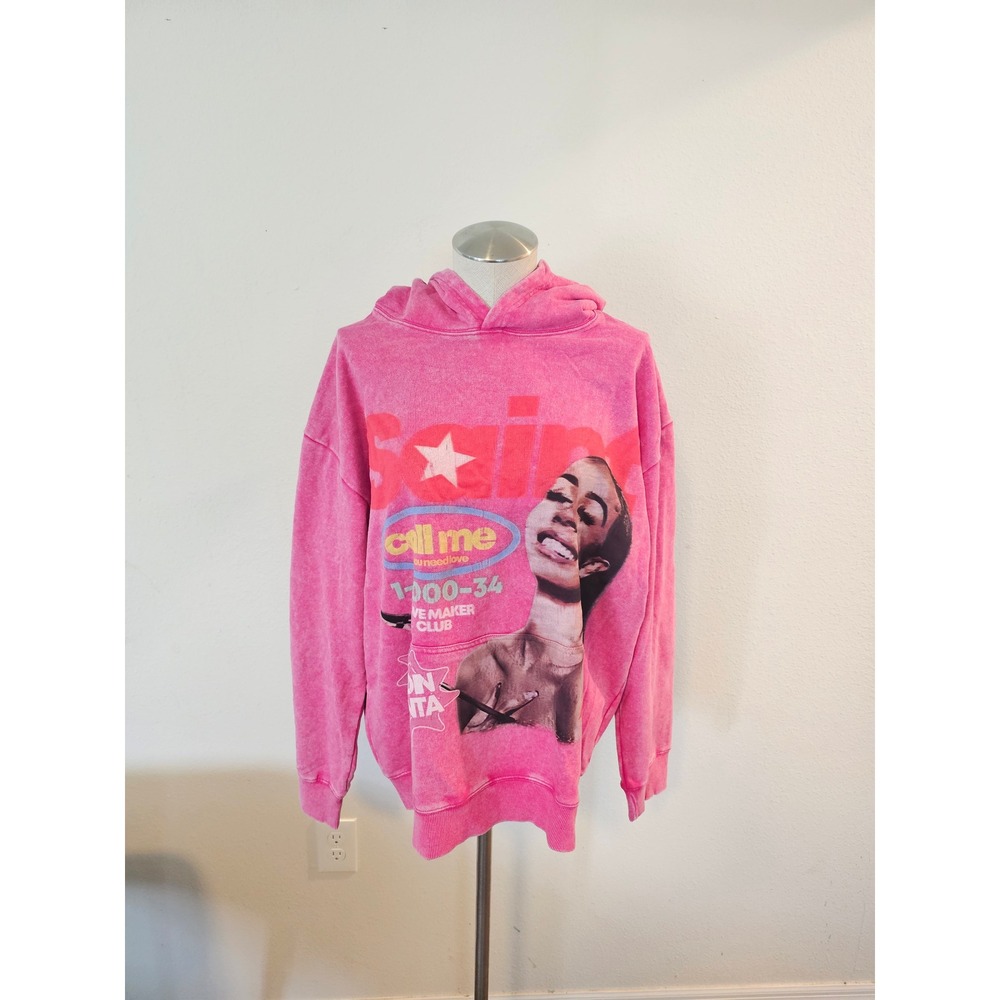Saint Call Me Love Maker Club Pink Acid Wash Graphic Hoodie Sweatshirt Small